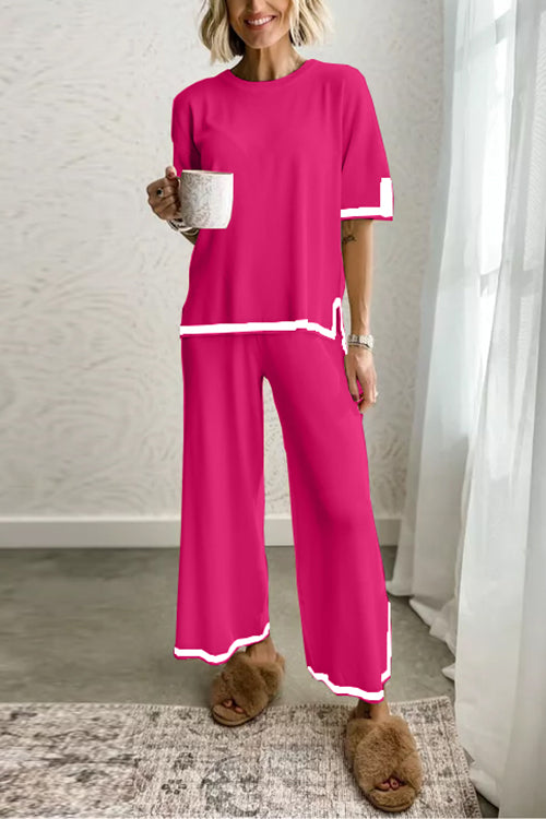 Moxidress Color Block Short Sleeves Side Split Pullover Wide Leg Pants Knitting Loungewear Set