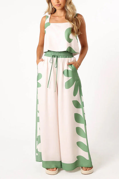 Printed Square Collar Crop Tank Top Drawstring Waist Wide Leg Pants Set