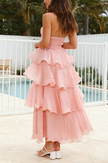 Strapless Empire Waist Ruffle Layered Maxi Dress