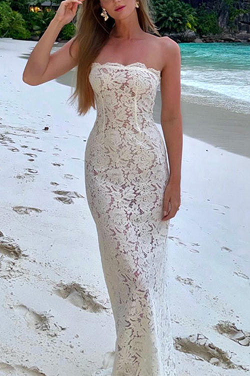 Moxidress Strapless Lace Hollow Out Bodycon Maxi Dress