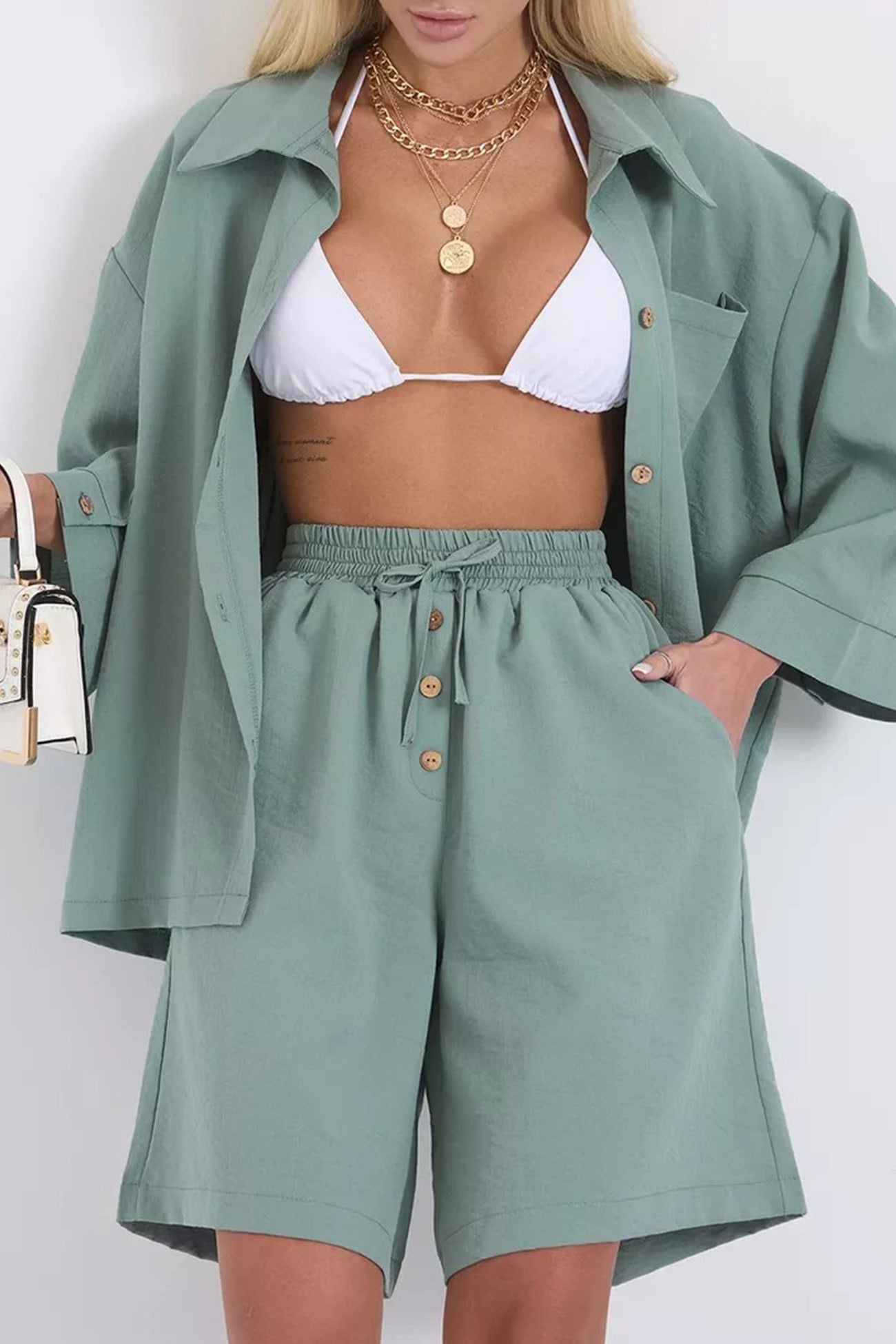 Color Shirt Single-breasted Bermuda Shorts Set