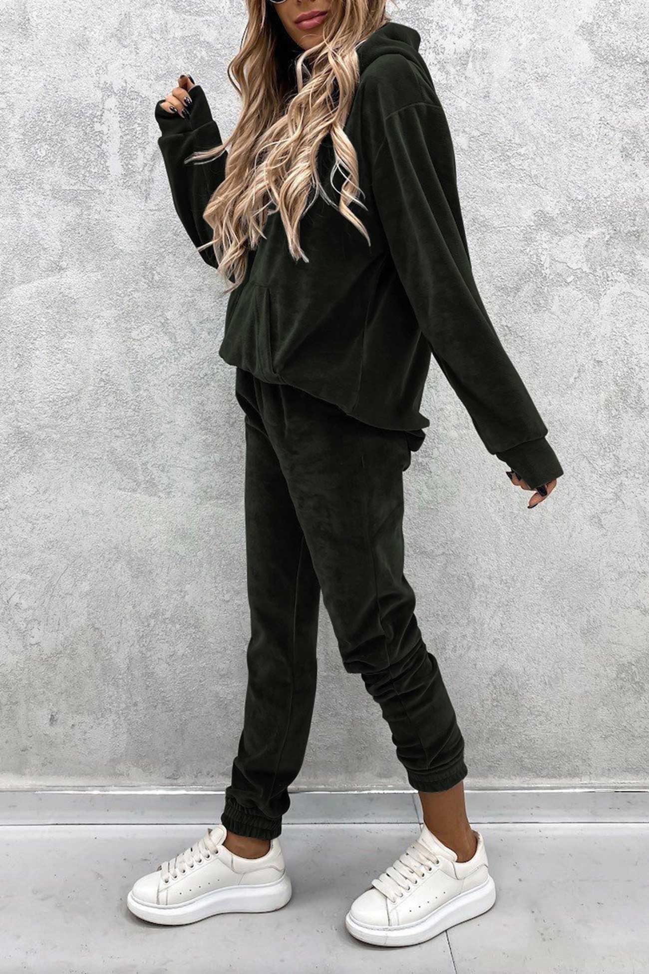 Velour Color Hoodie Long Pants Set