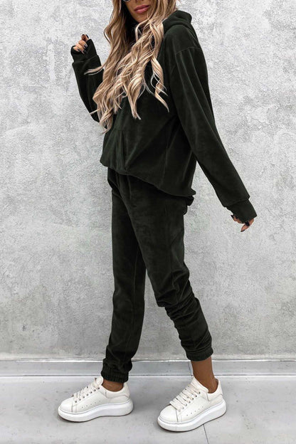 Velour Color Hoodie Long Pants Set