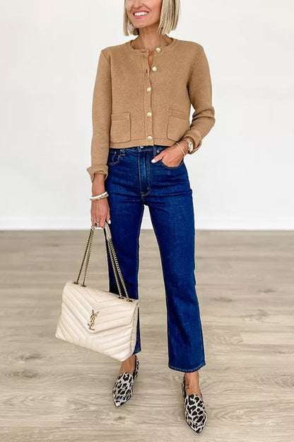 Button Down Pocketed Crop Outwear Cardigan