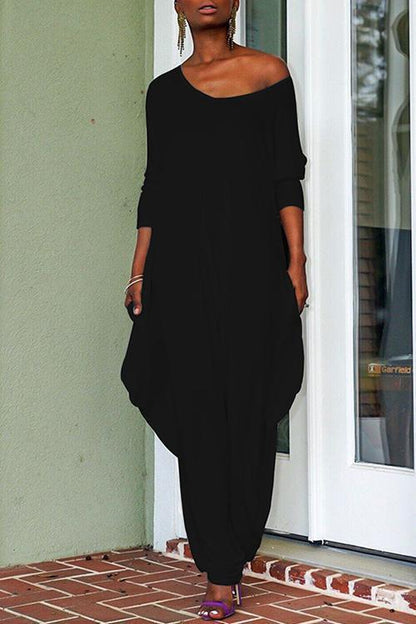 Crewneck Long Sleeve Draped Jumpsuit
