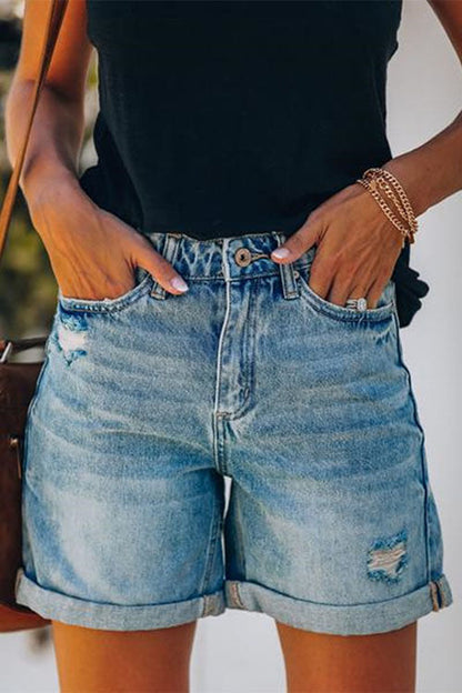 Rolled Hem Ripped Denim Shorts