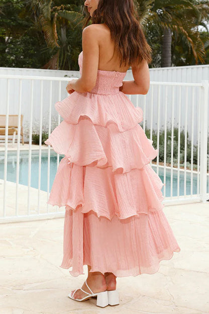 Moxidress Strapless Empire Waist Ruffle Layered Maxi Dress