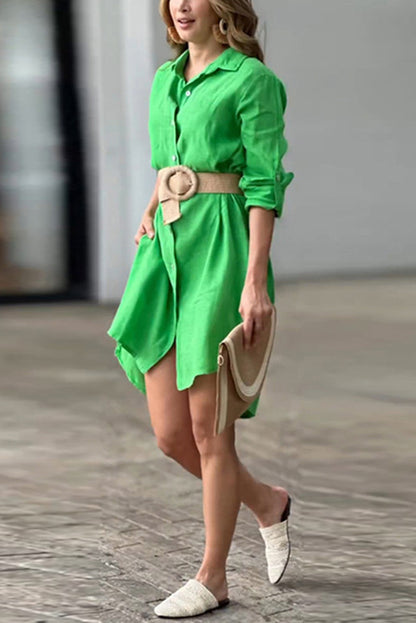Linen Blend Long Sleeve Button-down Shirt Style Mini Dress