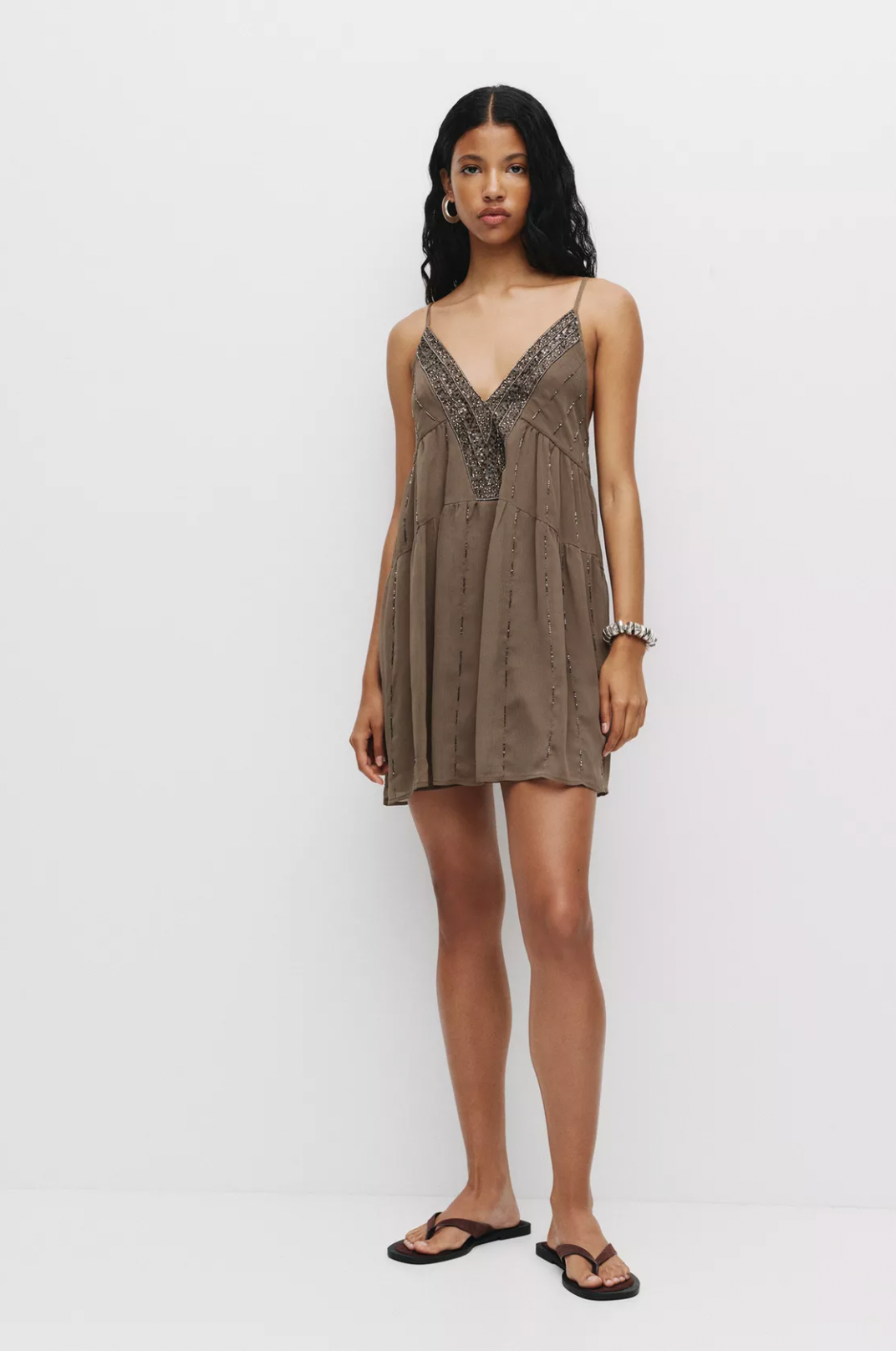 Liora — Lightweight Beaded Mini Dress With V-neck