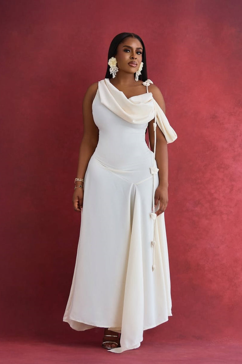 Asymmetrical Shoulder Cowl Neck Cami Maxi Dress