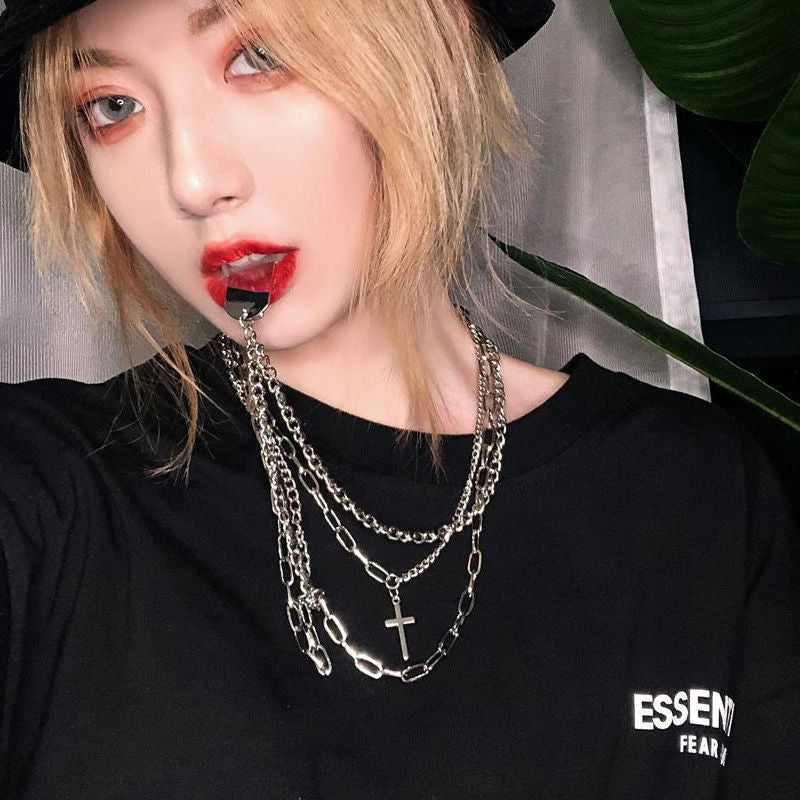 Minimalist Hip-hop Punk Cross Sweater Chain Necklace Set