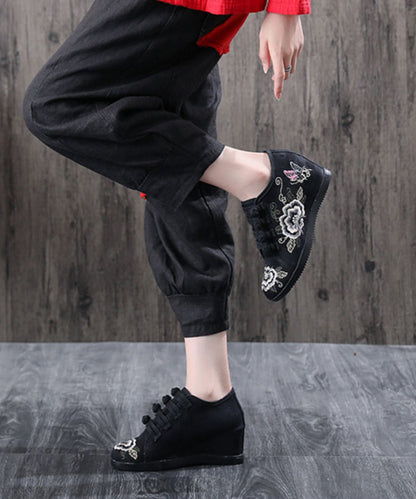 Black Cotton Fabric High Wedge Heels Shoes Embroideried Buckle Strap Flat Shoes for