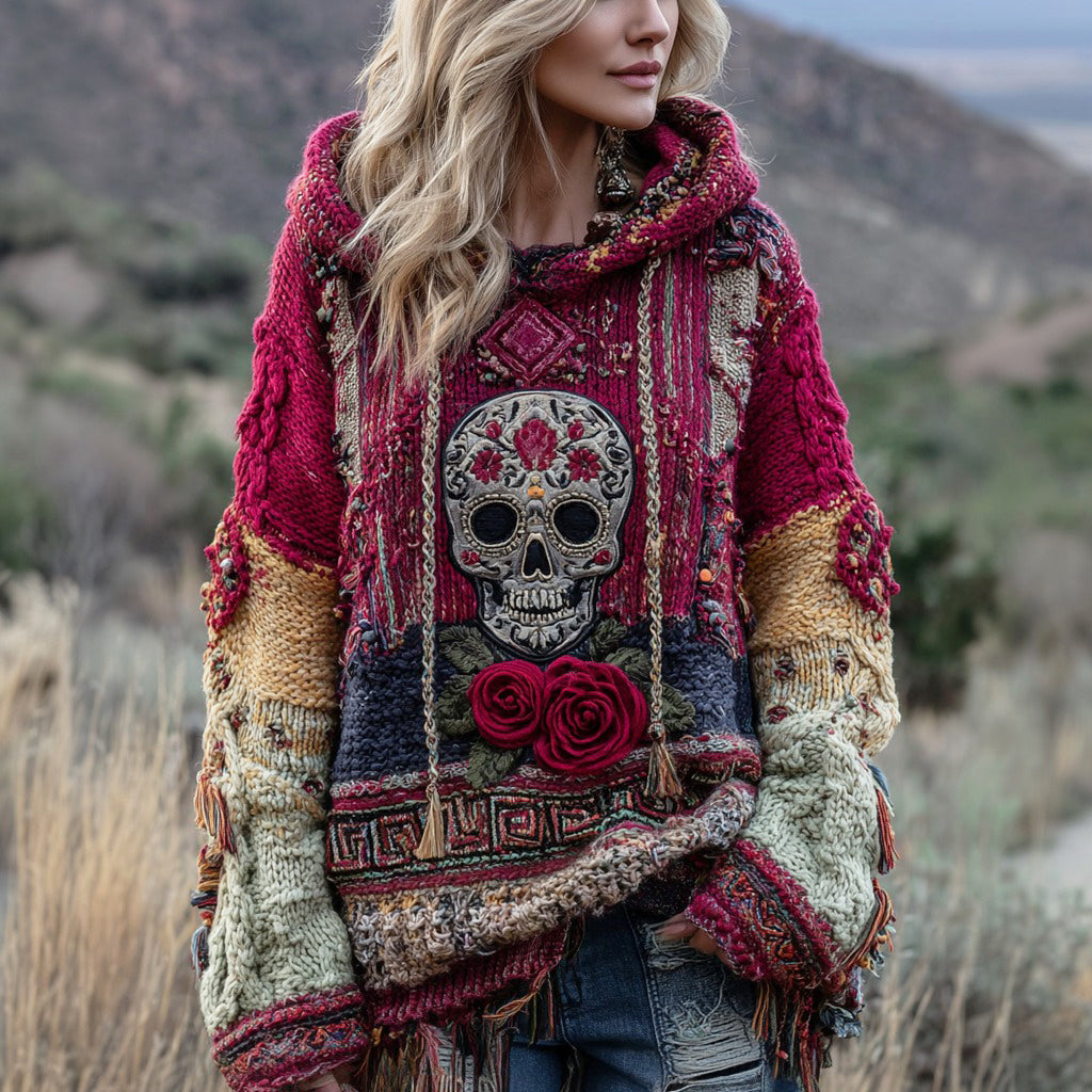 Comstylish Boho Floral And Skull Inspired Colorblock Design Cozy Knit Hooded Sweater