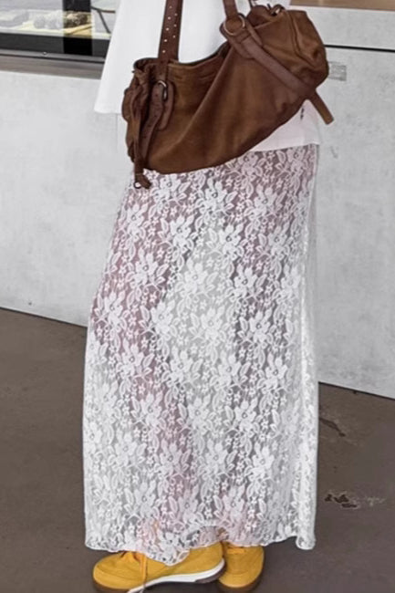 White Lace High Waist A-line Midi Skirt