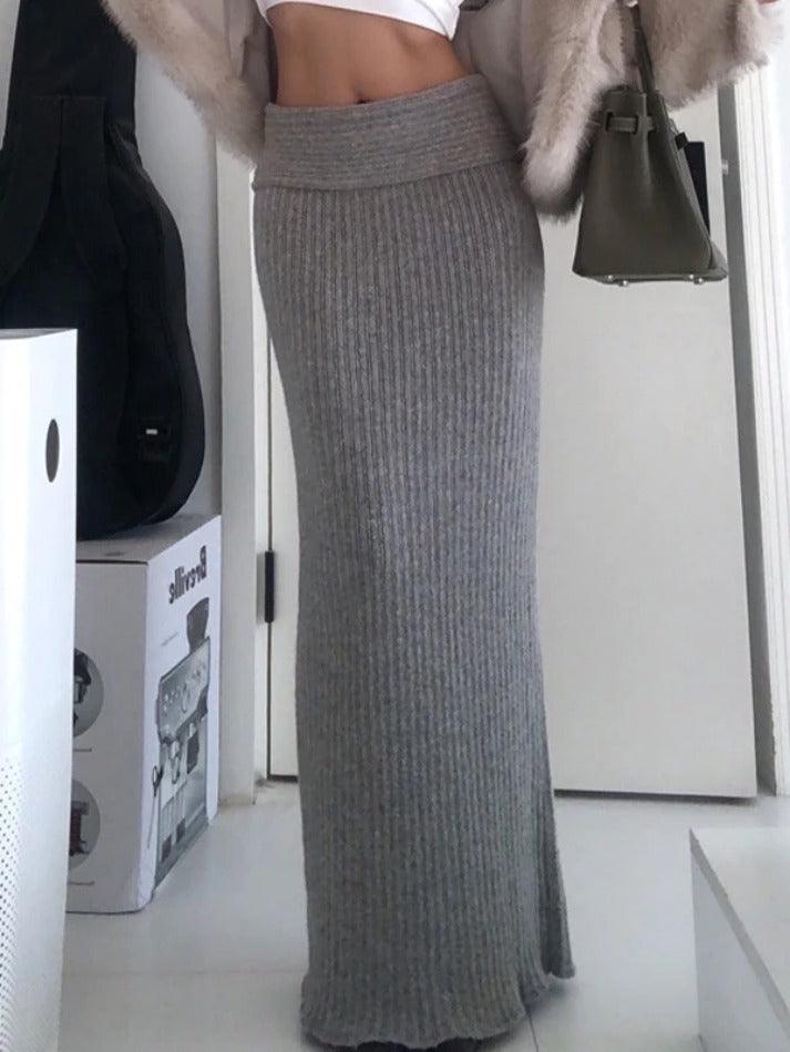 Classic Gray Turned Waist Low Rise Maxi Skirt