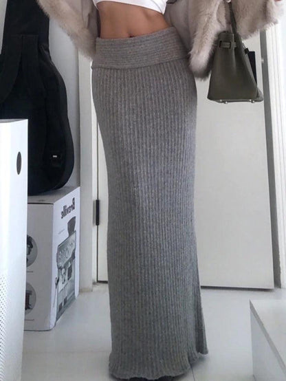 Classic Gray Turned Waist Low Rise Maxi Skirt