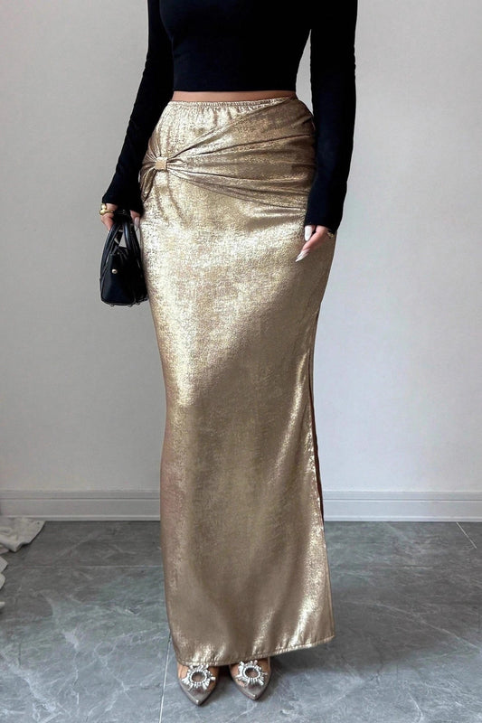 Metallic Ruched Slit Bodycon Pencil Skirt