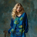 Women's Vintage Lotus Floral Landscape Art Embroidery V-neck T-shirt elevenforest