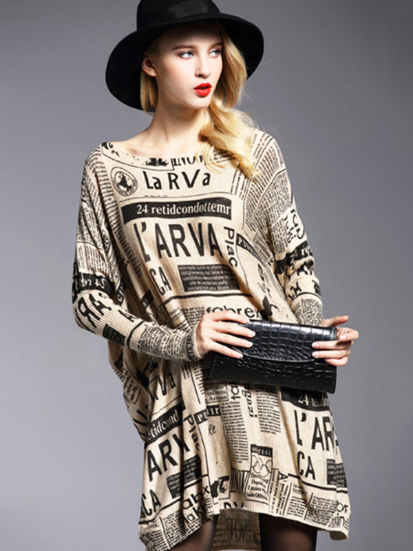 Loose One-shoulder Newspaper Printed Split-joint Sweater