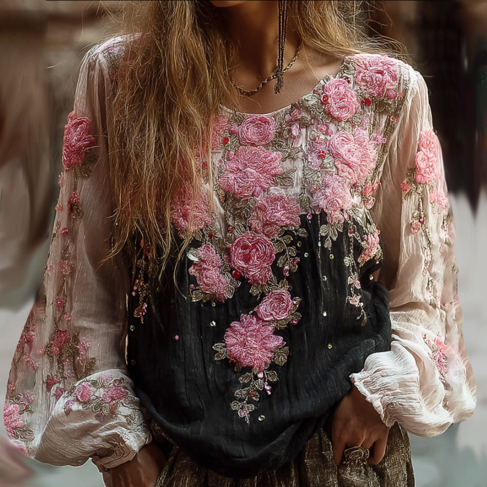 Ladies' Casual Vintage Pink Flower Black And White Long-sleeved Shirt elevenforest
