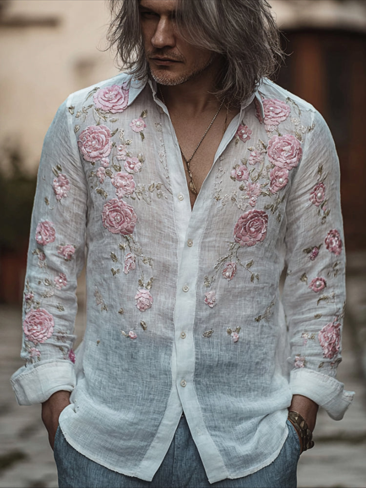 Men's Romantic Pure White Vintage Long-sleeved Shirt With Rose Embroidery elevenforest