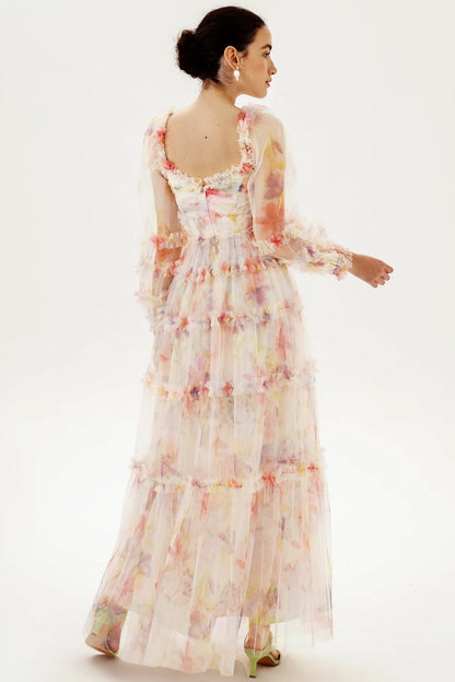 Long Sleeve Ruffle Hem Maxi Dress Pink
