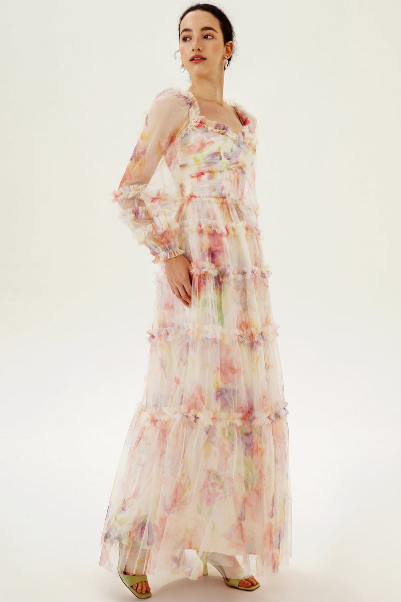 Long Sleeve Ruffle Hem Maxi Dress Pink
