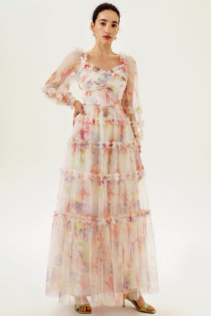 Long Sleeve Ruffle Hem Maxi Dress Pink