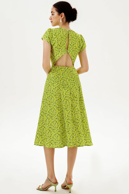 Backless Cut-out Slit Print Midi Dress Green