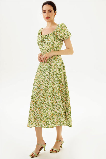 Slit Puff Sleeve Midi Dress
