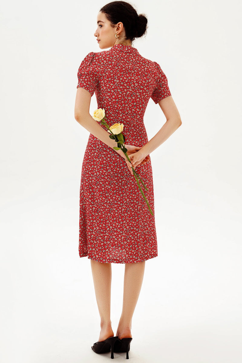 Puff Sleeve Lapel Buttoned Midi Dress