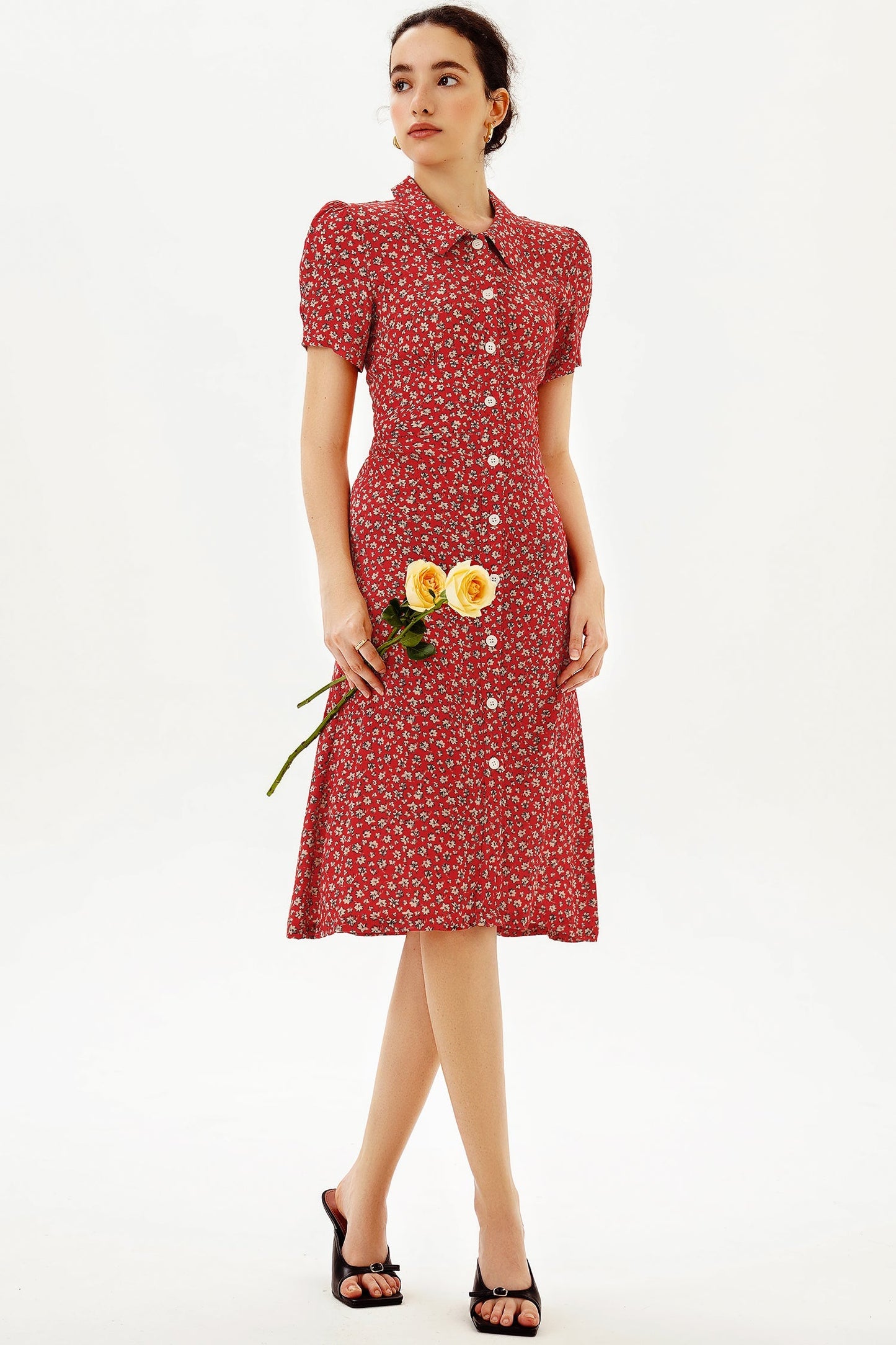 Puff Sleeve Lapel Buttoned Midi Dress