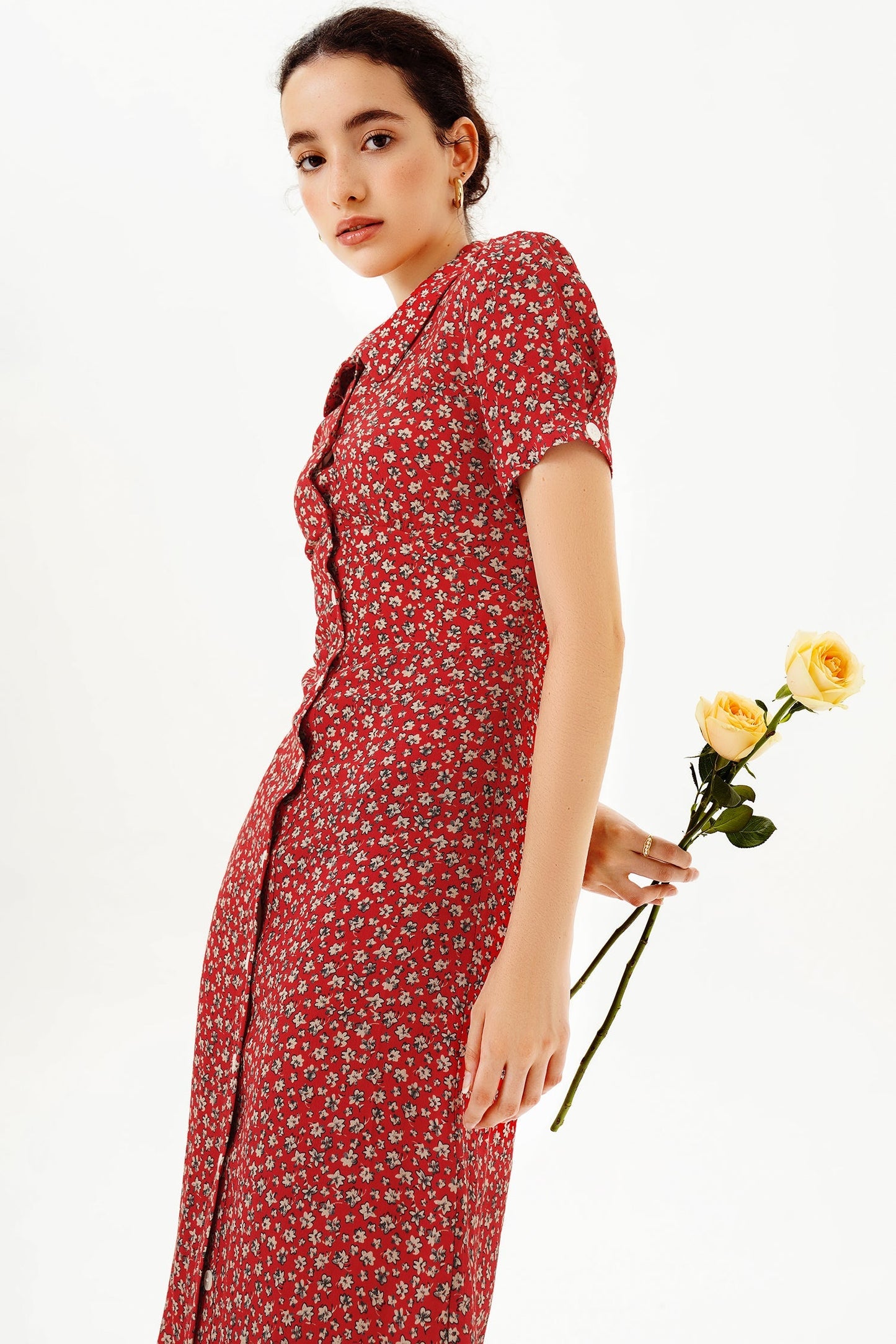Puff Sleeve Lapel Buttoned Midi Dress