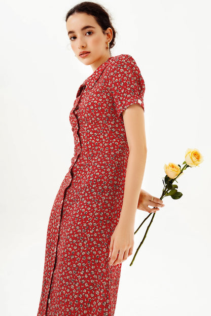 Puff Sleeve Lapel Buttoned Midi Dress