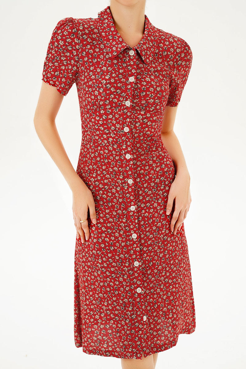 Puff Sleeve Lapel Buttoned Midi Dress