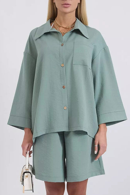 Color Shirt Single-breasted Bermuda Shorts Set
