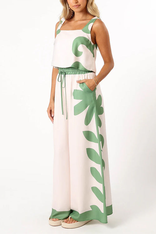 Printed Square Collar Crop Tank Top Drawstring Waist Wide Leg Pants Set