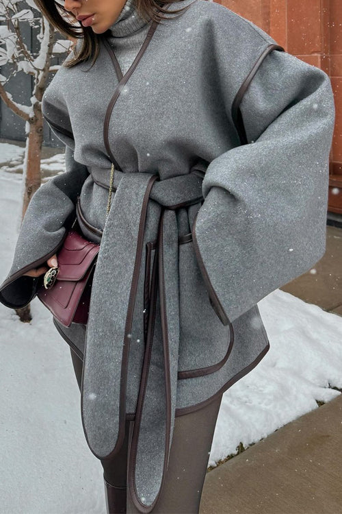 Moxidress Open Front Pocketed Splice Coat With Belt