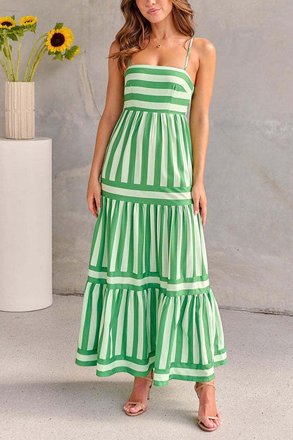 Spaghetti Strap Ruffle Tiered Color Block Striped Maxi Dress