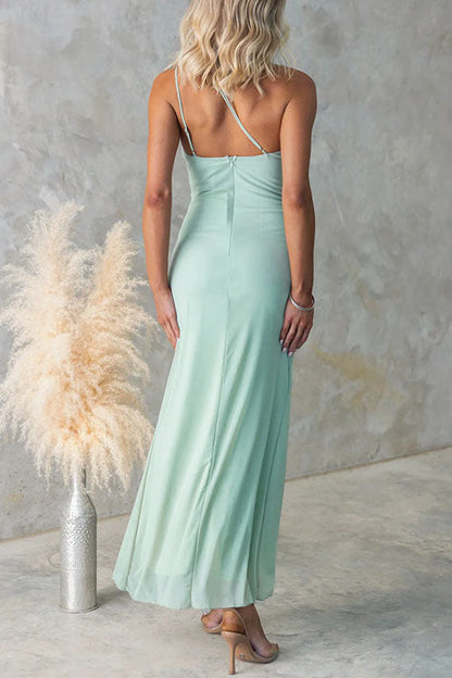 Moxidress One Shoulder Slit Ruffle Mesh Maxi Dress