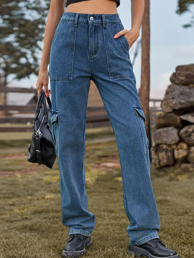 Washed Semi-elastic Denim Cargo Pants