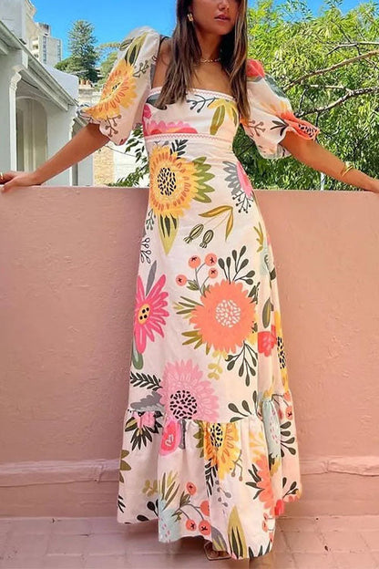 Square Collar Puff Sleeves Print Cotton Linen Ruffle Maxi Dress