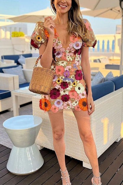 V Neck Puff Sleeves Embroidered Mini Dress