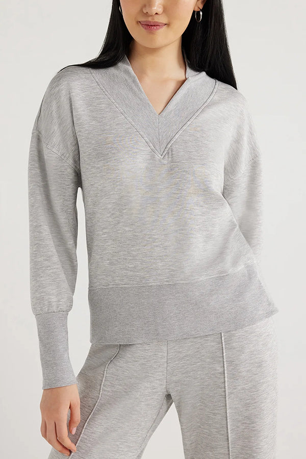 Weather Gets Cold Color V-neck Top and Elastic Waist Pocketed Lounge Pants Set