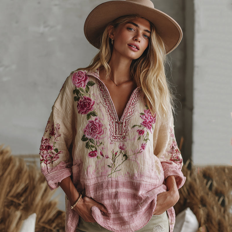 Love & Health Collection Retro Western Women Style Vintage Gradient Pink Striped And Floral Patchwork Art Linen Shirt elevenforest