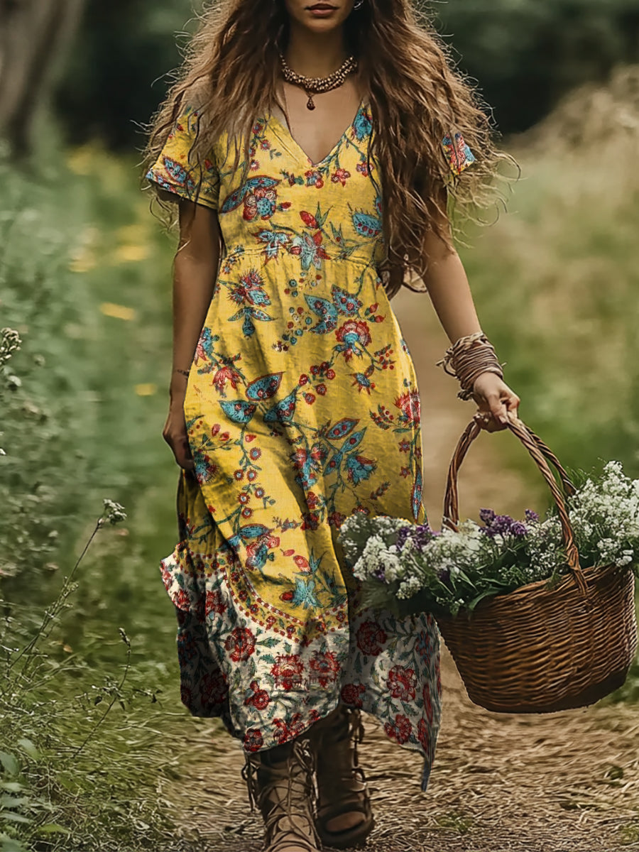 Women's Art Floral Vintage Print V-Neck Dress
