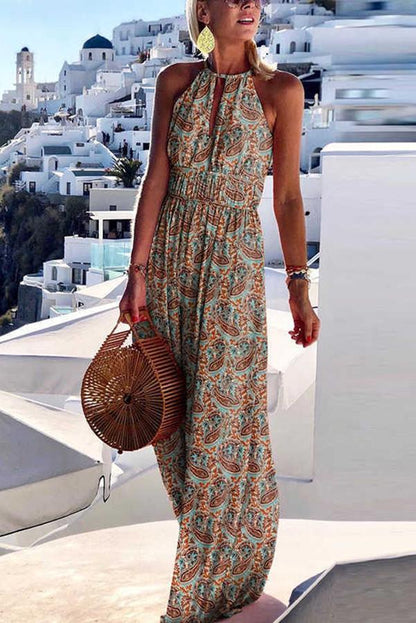 Fashionable and Vacation Style Printed Large Hanging Neck Design With a Sense of Long Skirt