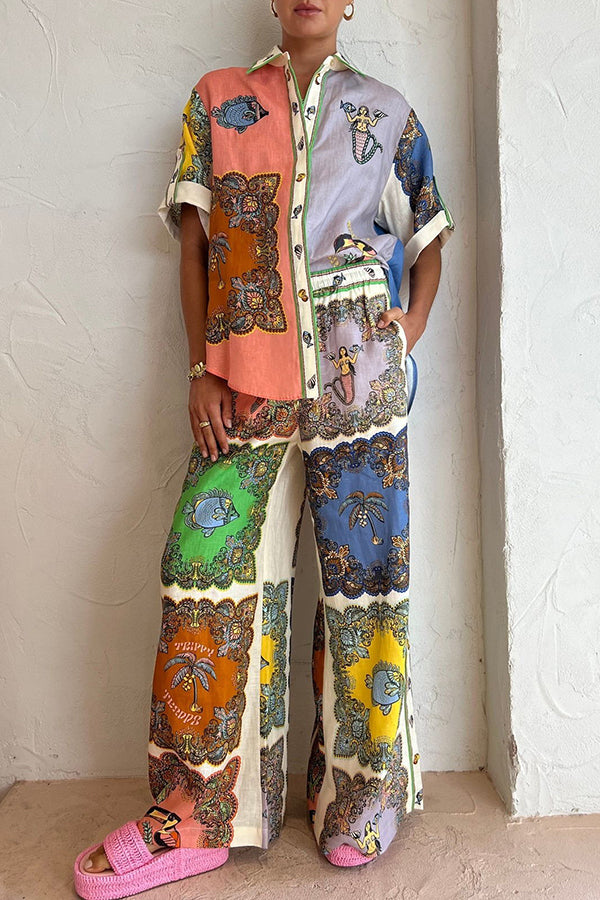 And Posh Linen Blend Mermaid Print Button Down Oversized Blouse
