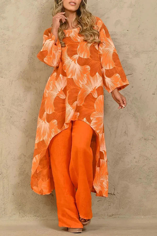 Exquisite Print Crew Neck Paneled Pant Suit