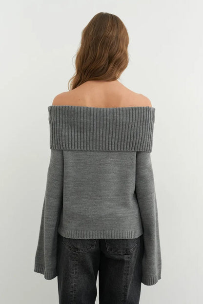 Color Off Shoulder Knitted Sweater